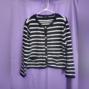 Black and White Striped Cardigan Sweater
